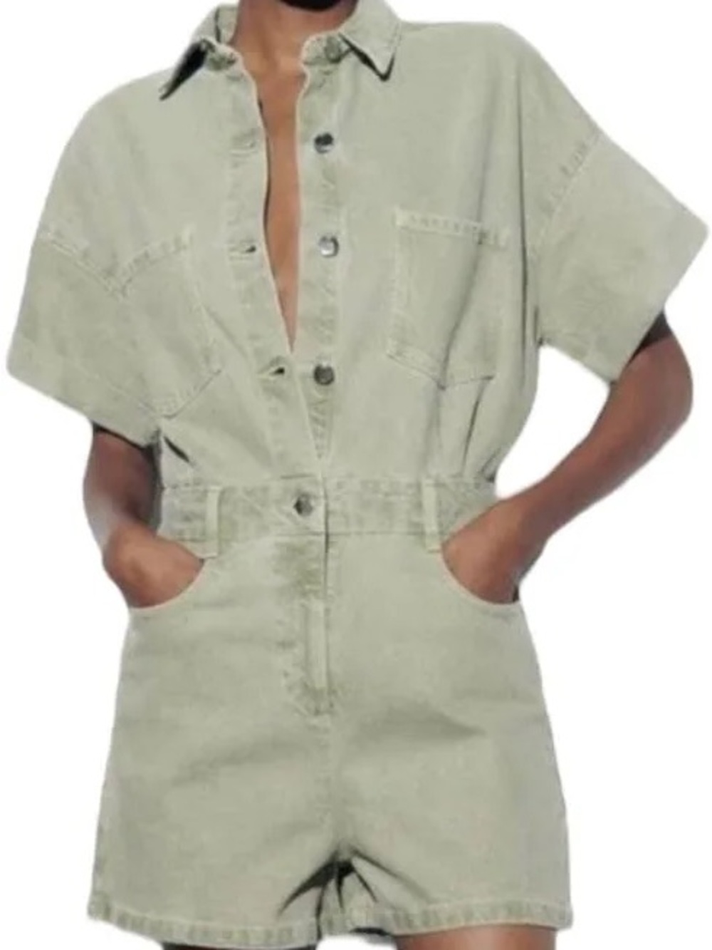Zara Light Sage Green Short Sleeve Denim Romper